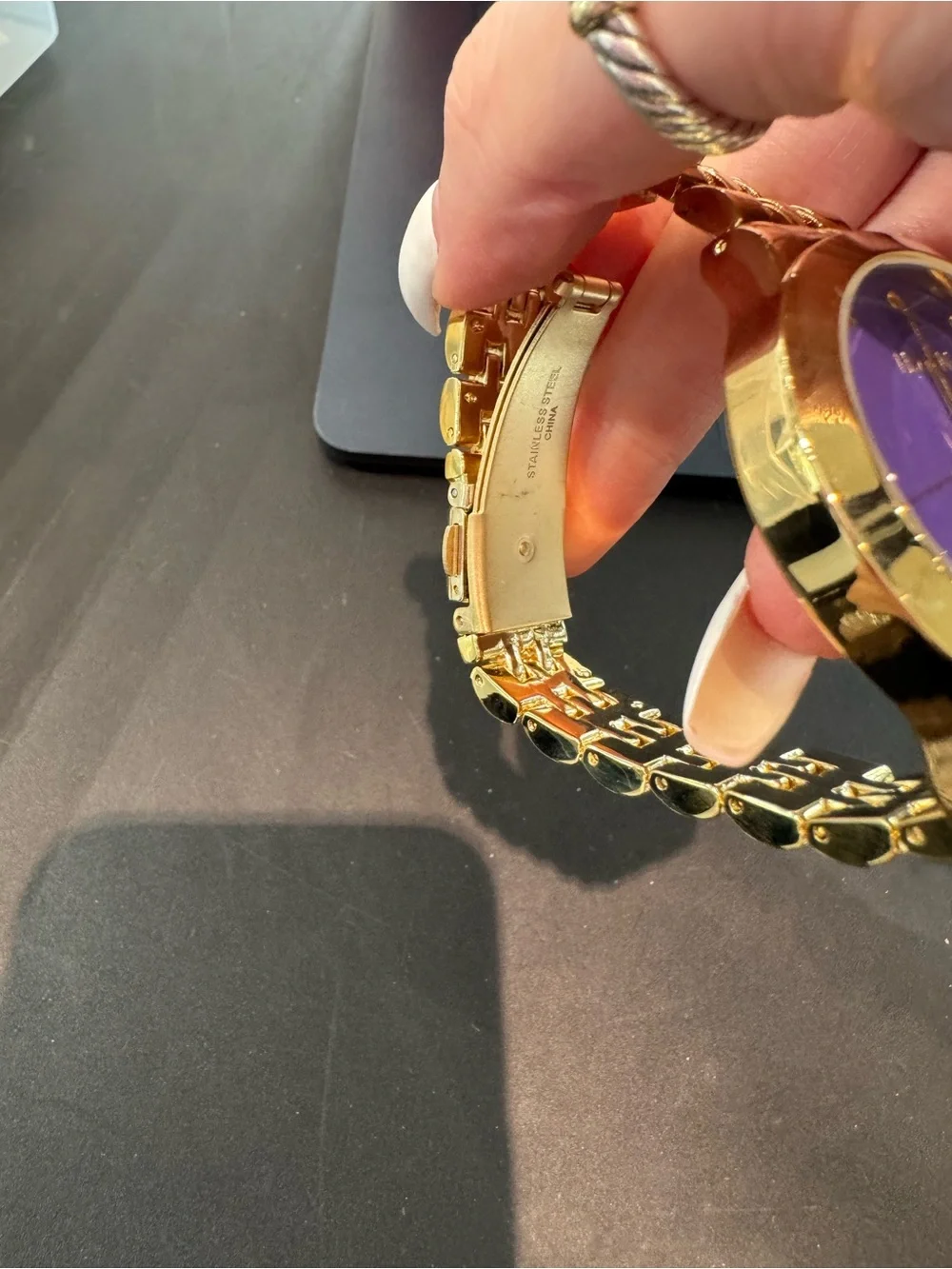 New IMAN Global Chic Gold-Tone Minimalist Purple Dial Bracelet Watch